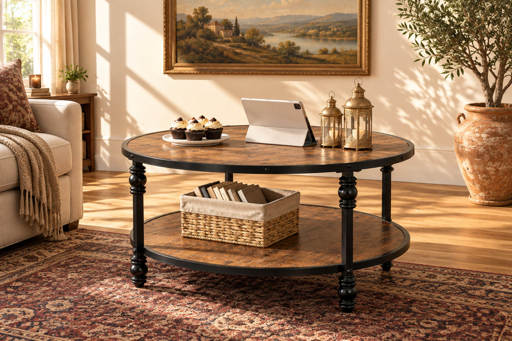 Coffee Table Round Rustic Center Table with Storage Shelf