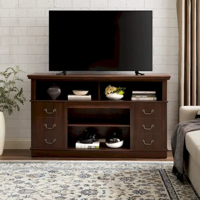 Traditional Rustic TV Stand with 6 Drawer, 4 Storage Shelf and Cable Management For Room Bedroom