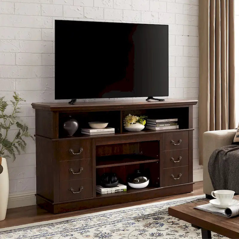 Traditional Rustic TV Stand with 6 Drawer, 4 Storage Shelf and Cable Management For Room Bedroom