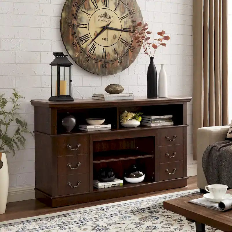 Traditional Rustic TV Stand with 6 Drawer, 4 Storage Shelf and Cable Management For Room Bedroom