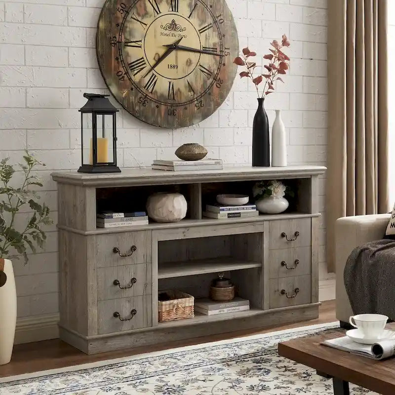 Traditional Rustic TV Stand with 6 Drawer, 4 Storage Shelf and Cable Management For Room Bedroom
