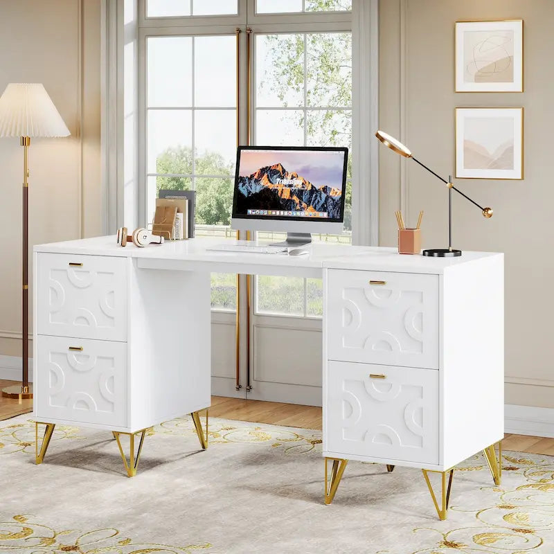 White Computer Desk with File Drawers, 59 Modern Office Desk