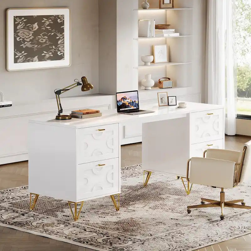 White Computer Desk with File Drawers, 59 Modern Office Desk