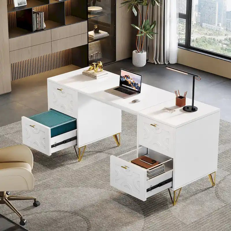White Computer Desk with File Drawers, 59 Modern Office Desk