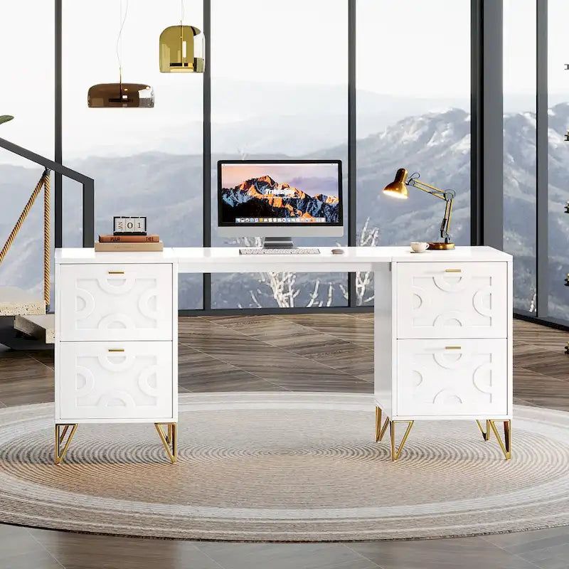 White Computer Desk with File Drawers, 59 Modern Office Desk
