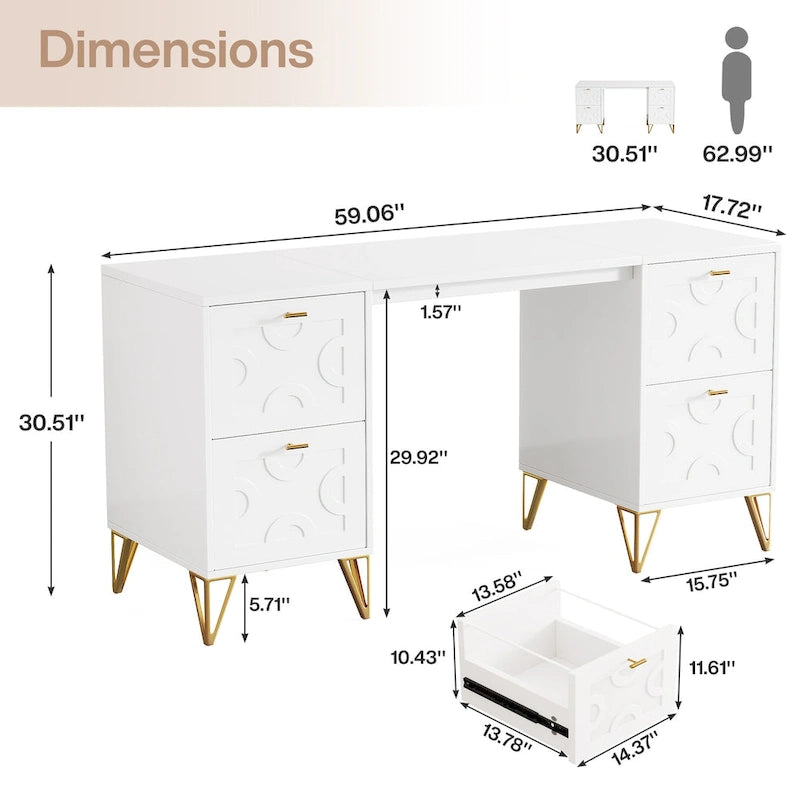 White Computer Desk with File Drawers, 59 Modern Office Desk