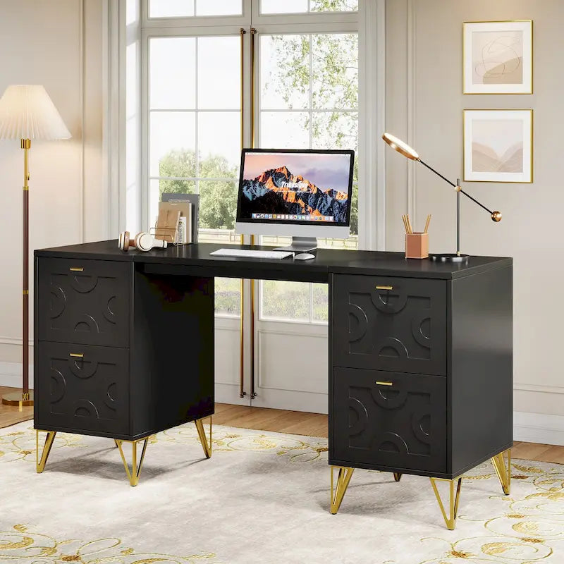 White Computer Desk with File Drawers, 59 Modern Office Desk