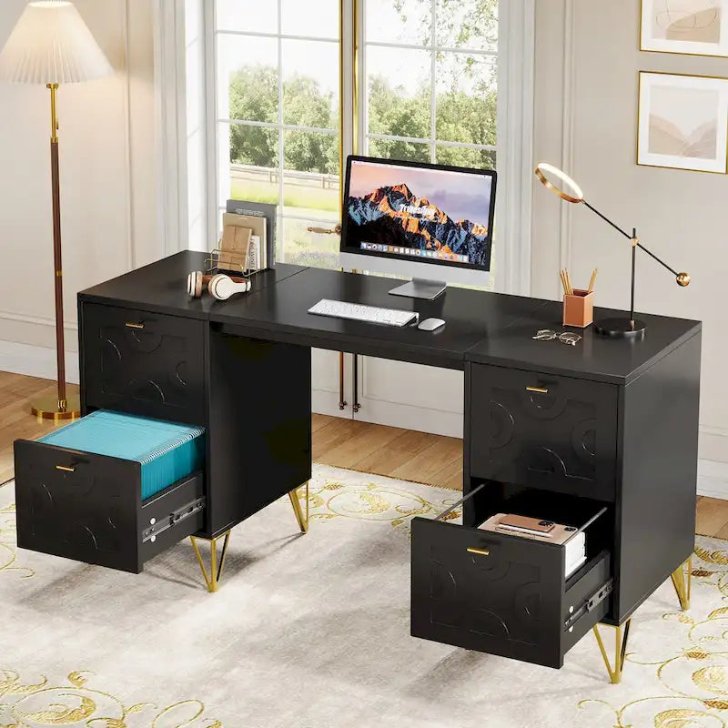 White Computer Desk with File Drawers, 59 Modern Office Desk