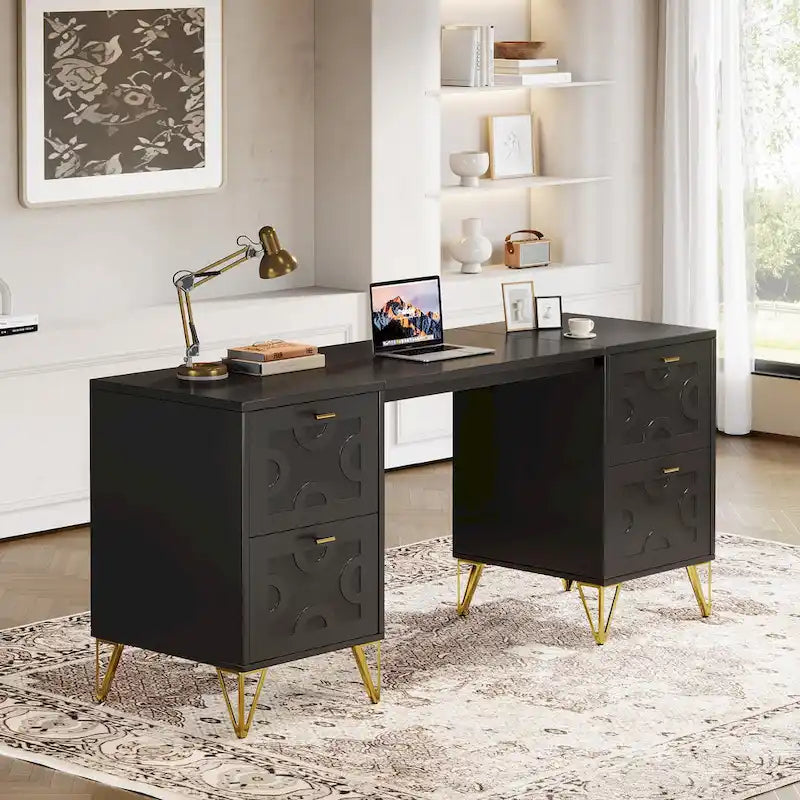 White Computer Desk with File Drawers, 59 Modern Office Desk