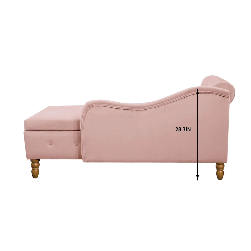 Velvet Upholstered Rolled Arm Chaise Lounge with Storage and Pillow