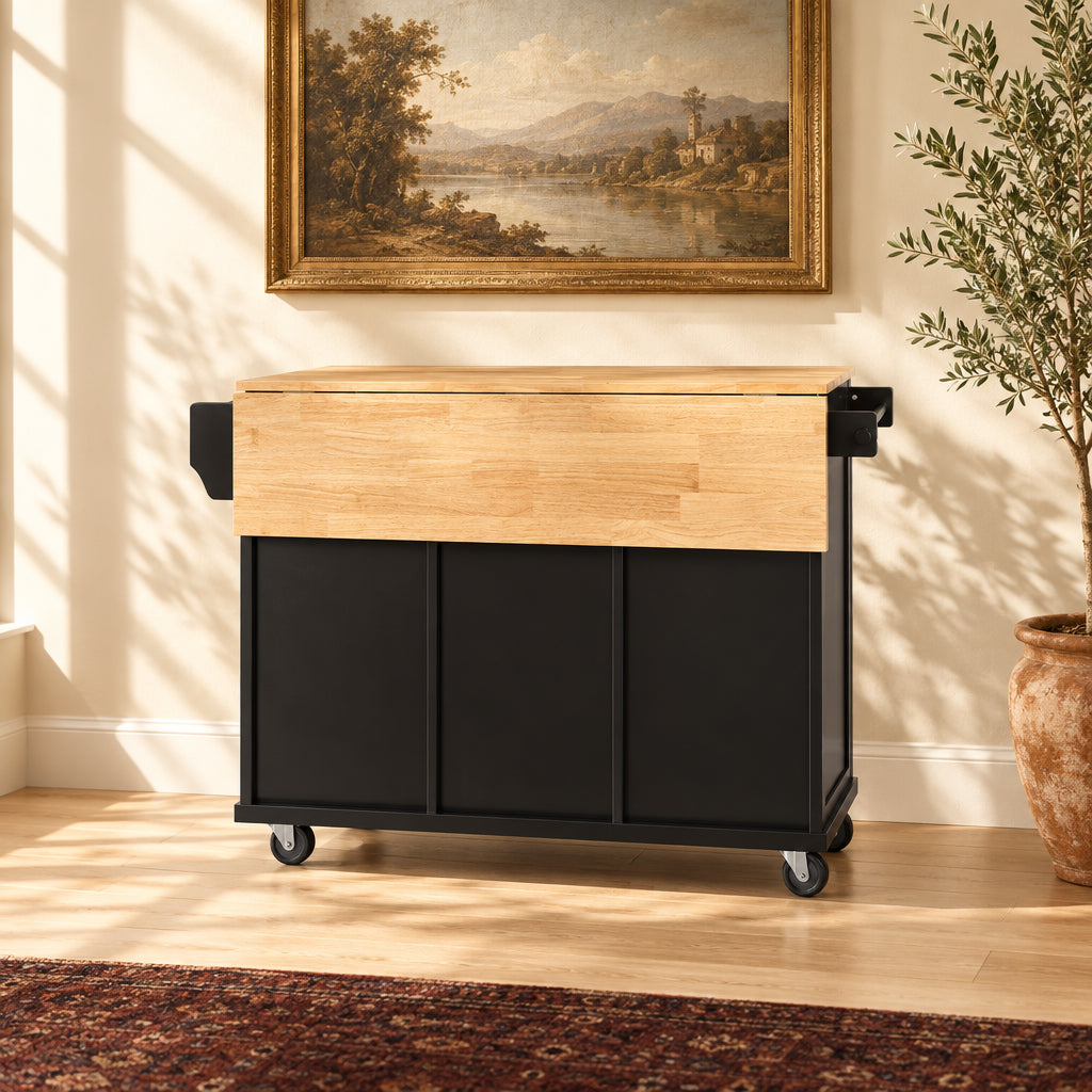 Kitchen Cart with 5 Wheels with Storage Cabinet and 3 Drawers