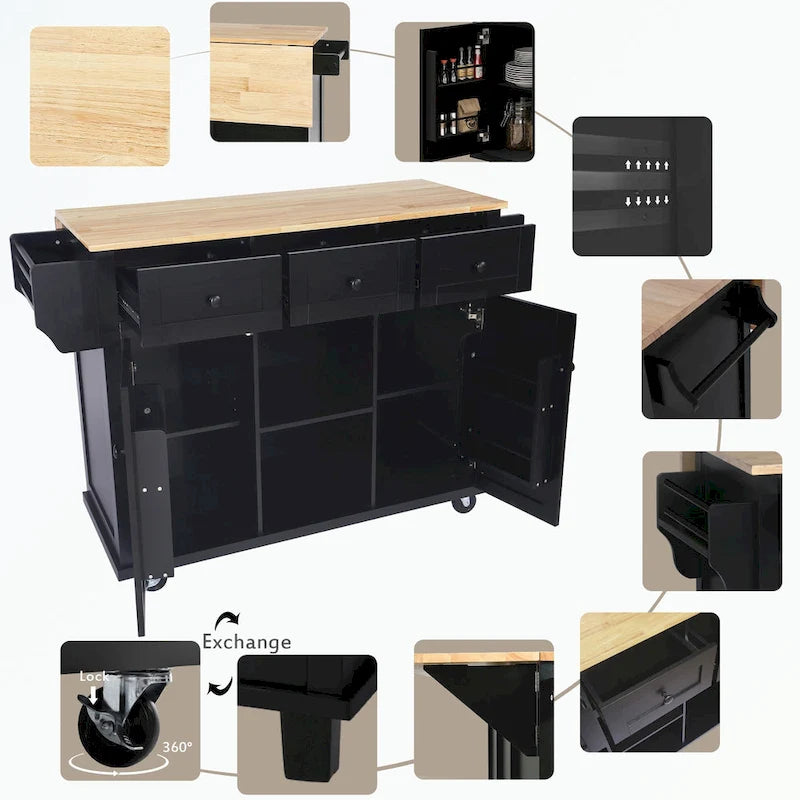 Kitchen Cart with 5 Wheels with Storage Cabinet and 3 Drawers