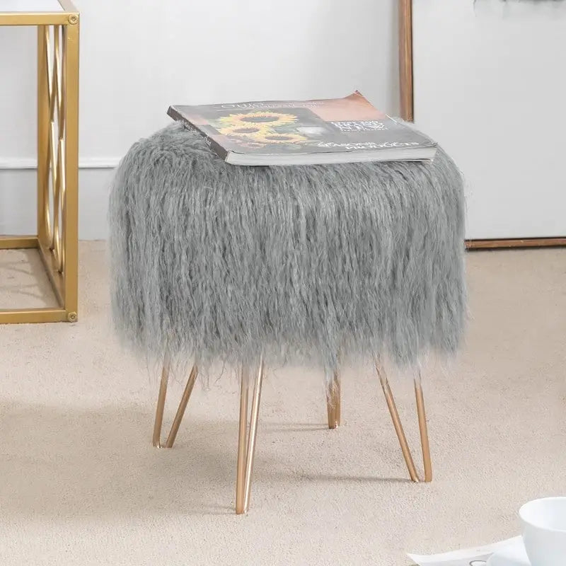 Adeco Vanity Stool Chair Soft Furry Footrest Stool Make Up Ottoman