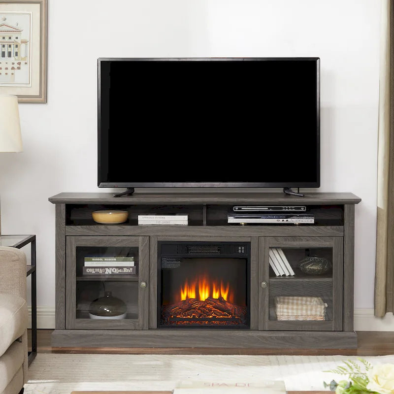 Contemporary TV Media Stand Modern Entertainment Console with 18 Fireplace Insert for TV Up to 65 with Open and Closed Storage