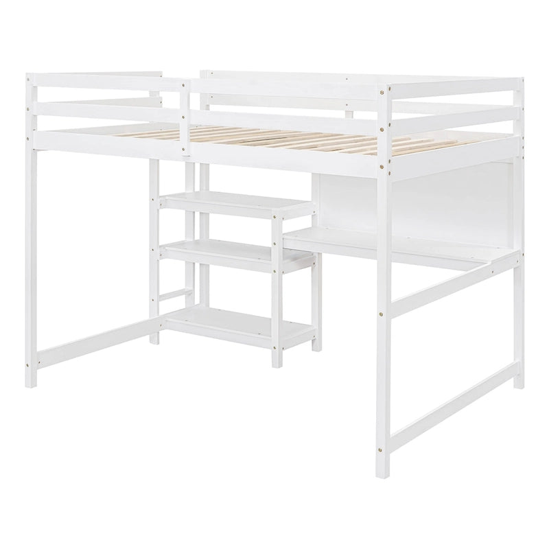 Full Size Wooden Loft Bed with Shelves, Desk and Writing Board - Gray