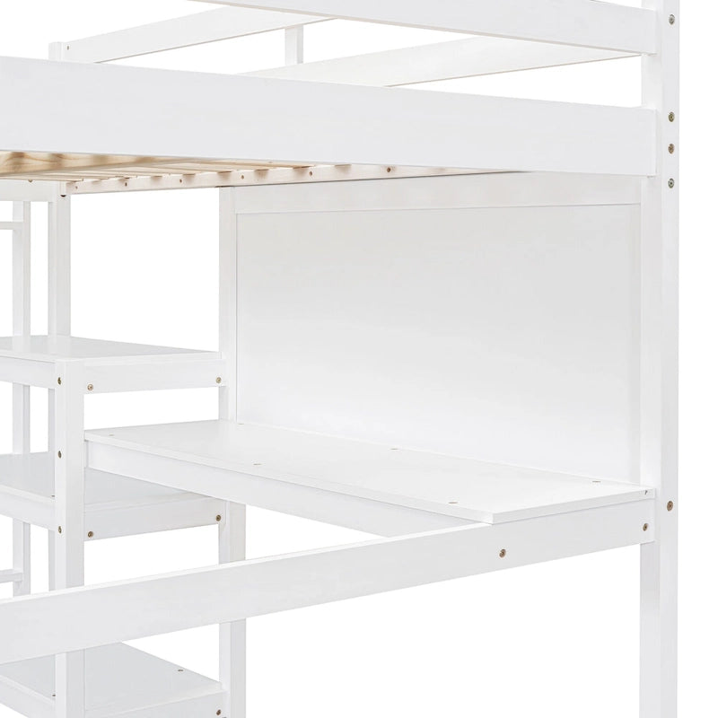 Full Size Wooden Loft Bed with Shelves, Desk and Writing Board - Gray