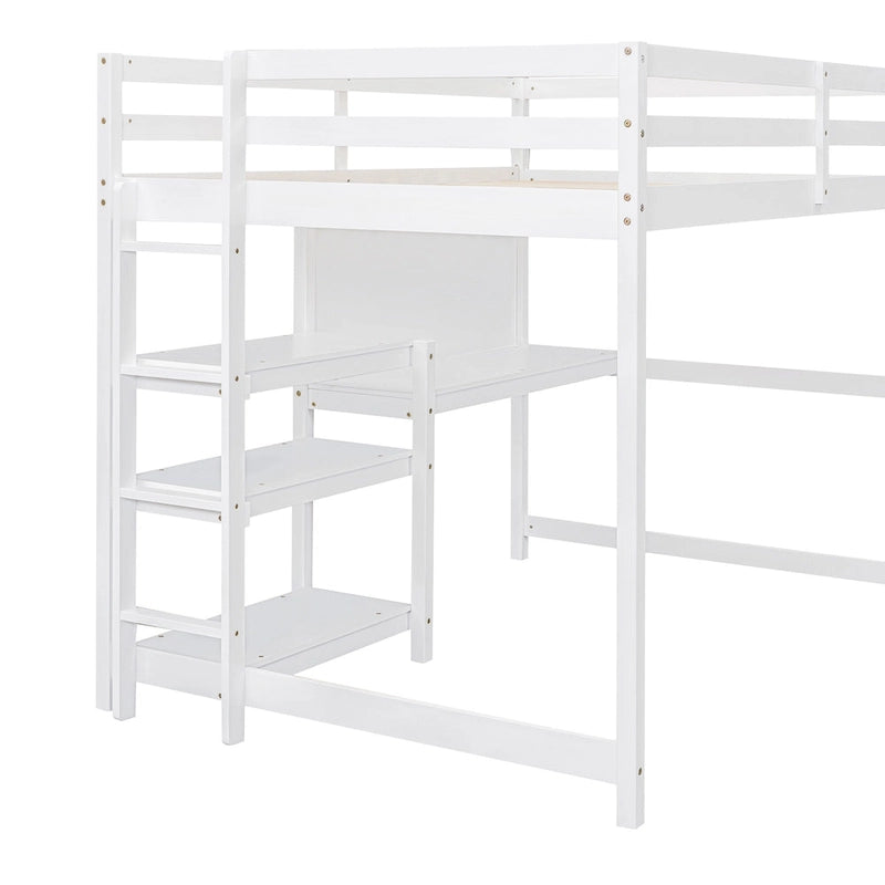 Full Size Wooden Loft Bed with Shelves, Desk and Writing Board - Gray