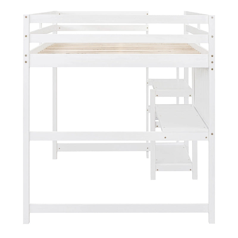 Full Size Wooden Loft Bed with Shelves, Desk and Writing Board - Gray
