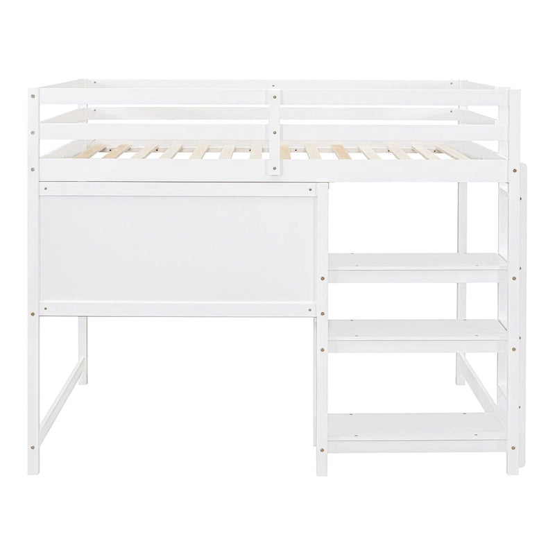 Full Size Wooden Loft Bed with Shelves, Desk and Writing Board - Gray
