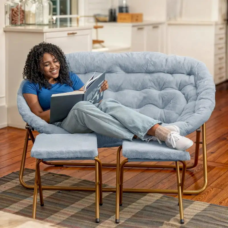 Double Folding Synthetic Fur Saucer Chair with 2 Ottomans