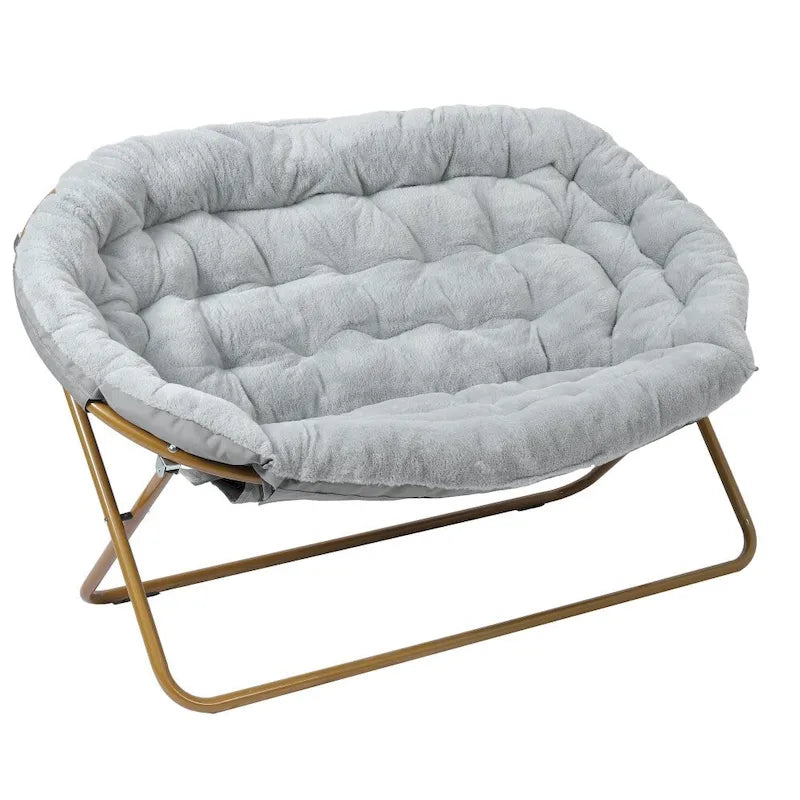 Double Folding Synthetic Fur Saucer Chair with 2 Ottomans