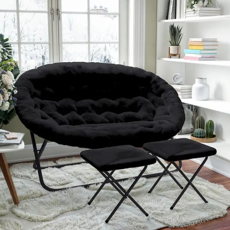 Double Folding Synthetic Fur Saucer Chair with 2 Ottomans