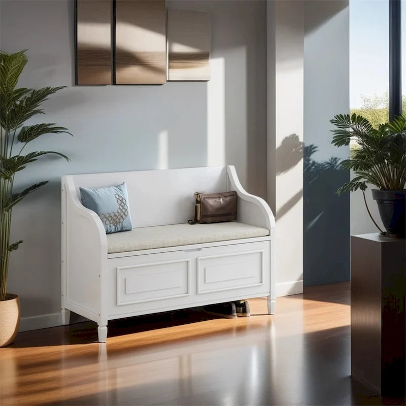Solid wood Entryway Multifunctional Storage Bench with Safety Hinge