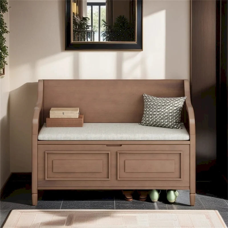 Solid wood Entryway Multifunctional Storage Bench with Safety Hinge