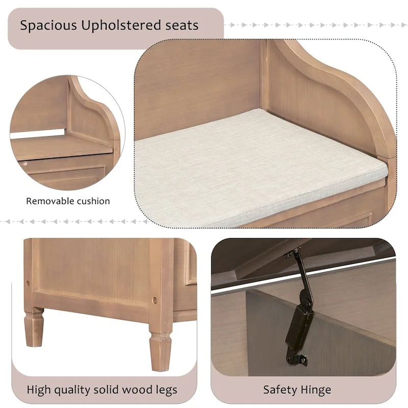Solid wood Entryway Multifunctional Storage Bench with Safety Hinge