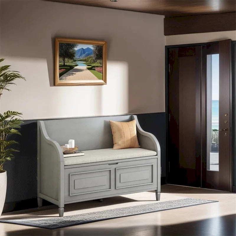 Solid wood Entryway Multifunctional Storage Bench with Safety Hinge
