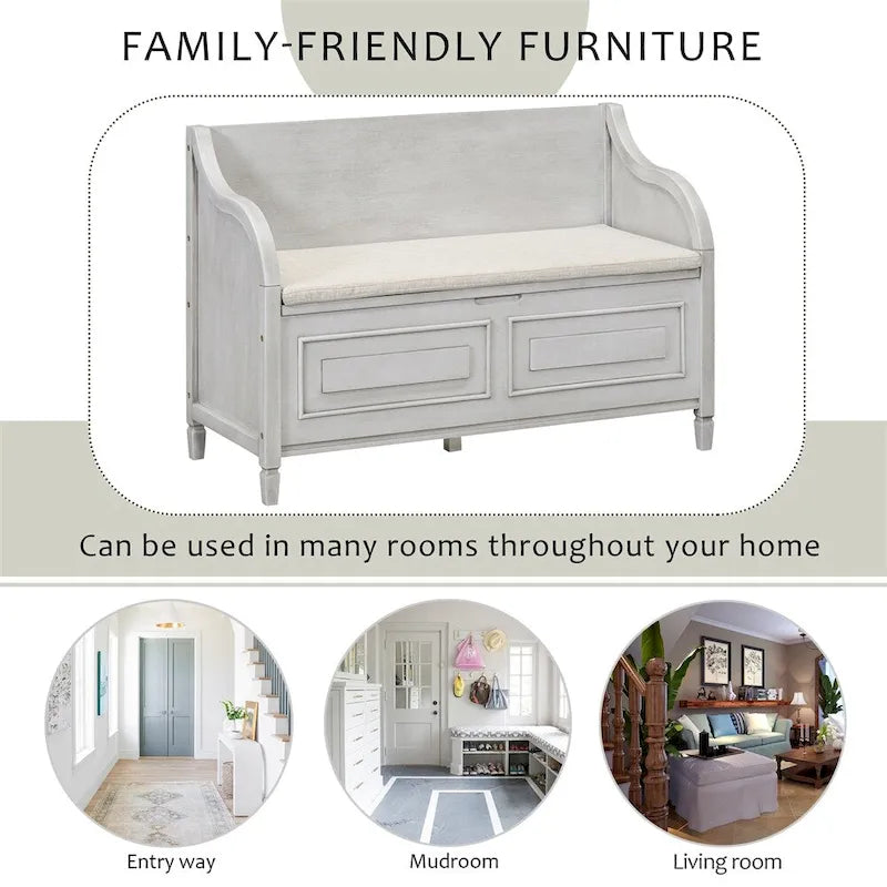 Solid wood Entryway Multifunctional Storage Bench with Safety Hinge