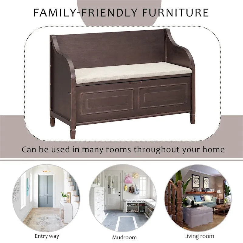 Solid wood Entryway Multifunctional Storage Bench with Safety Hinge