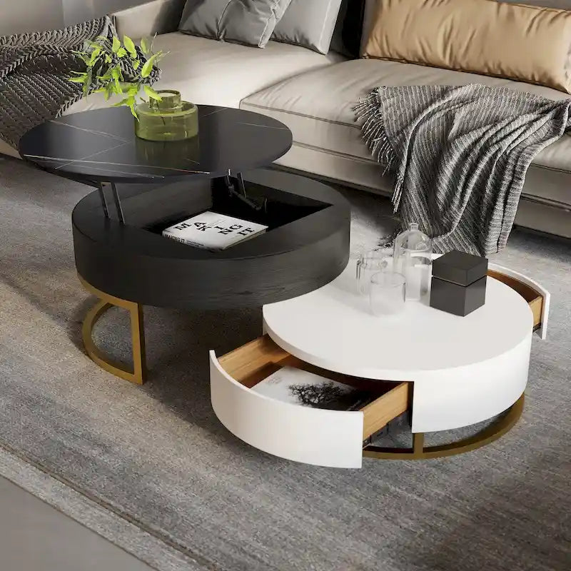 Round Wood Lift-top Nesting Coffee Table with Rotatable Drawers