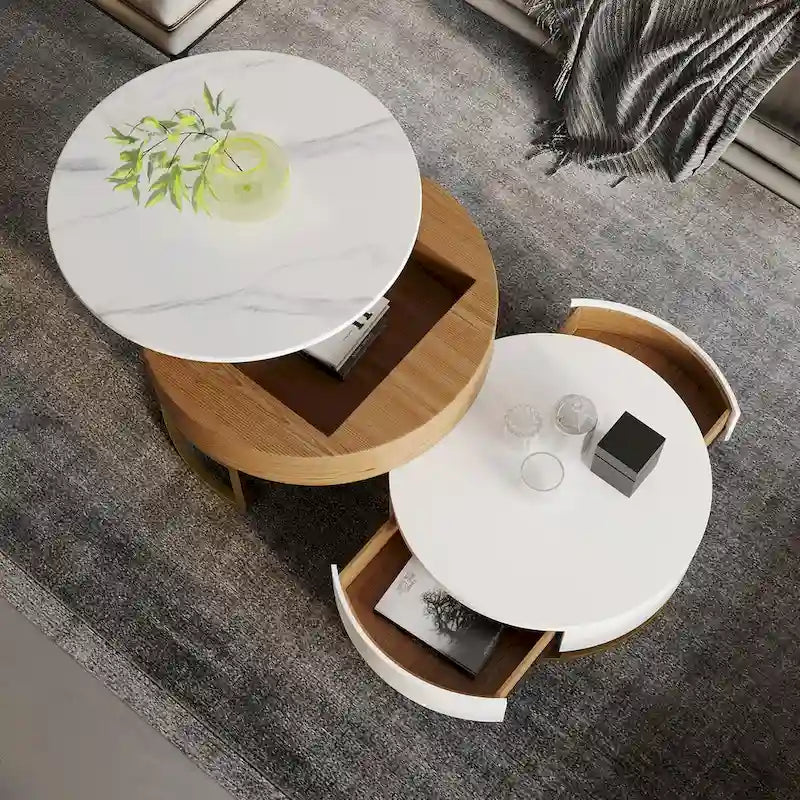 Round Wood Lift-top Nesting Coffee Table with Rotatable Drawers