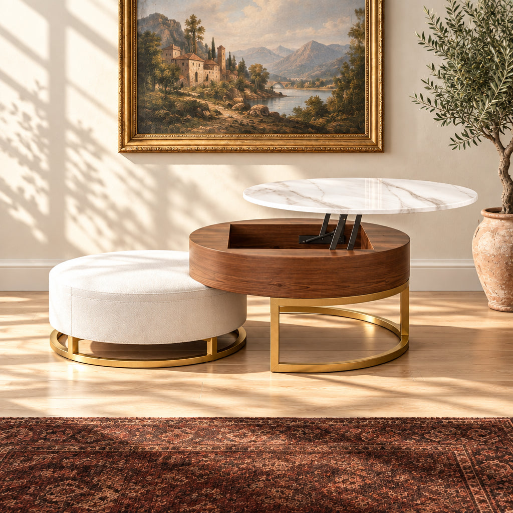 Round Wood Lift-top Nesting Coffee Table with Rotatable Drawers