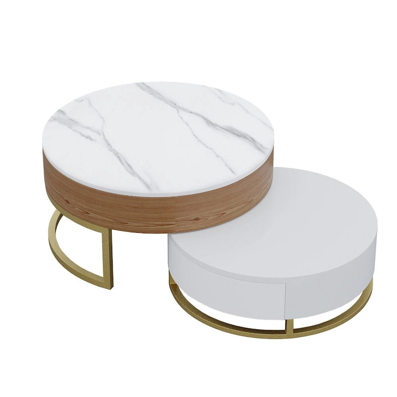 Round Wood Lift-top Nesting Coffee Table with Rotatable Drawers