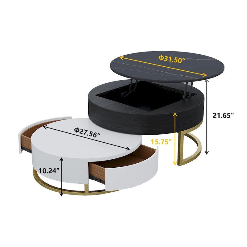 Round Wood Lift-top Nesting Coffee Table with Rotatable Drawers