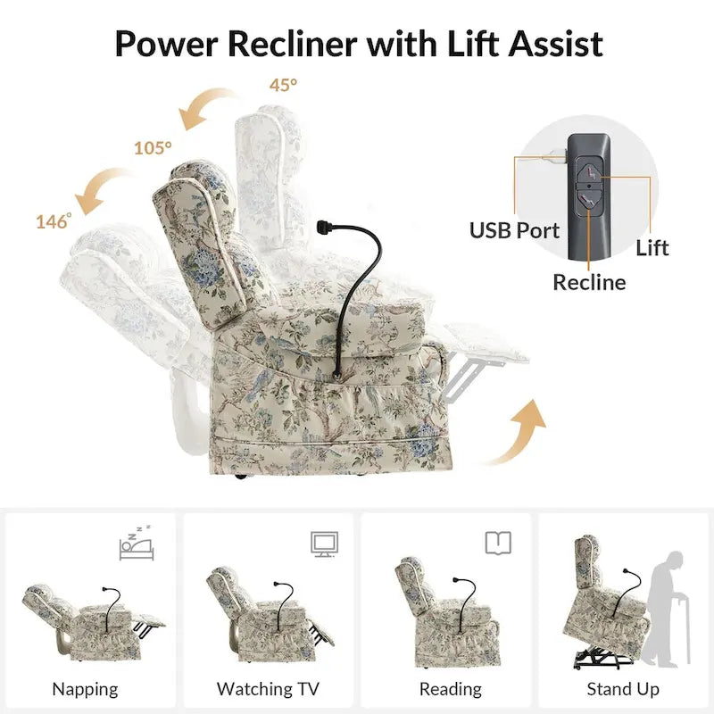 Traditional Lift Assist Power Recliner With Massage Heat And Manual Headrest by