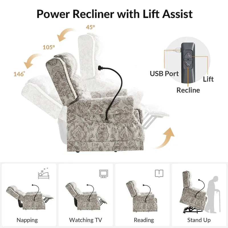 Traditional Lift Assist Power Recliner With Massage Heat And Manual Headrest by