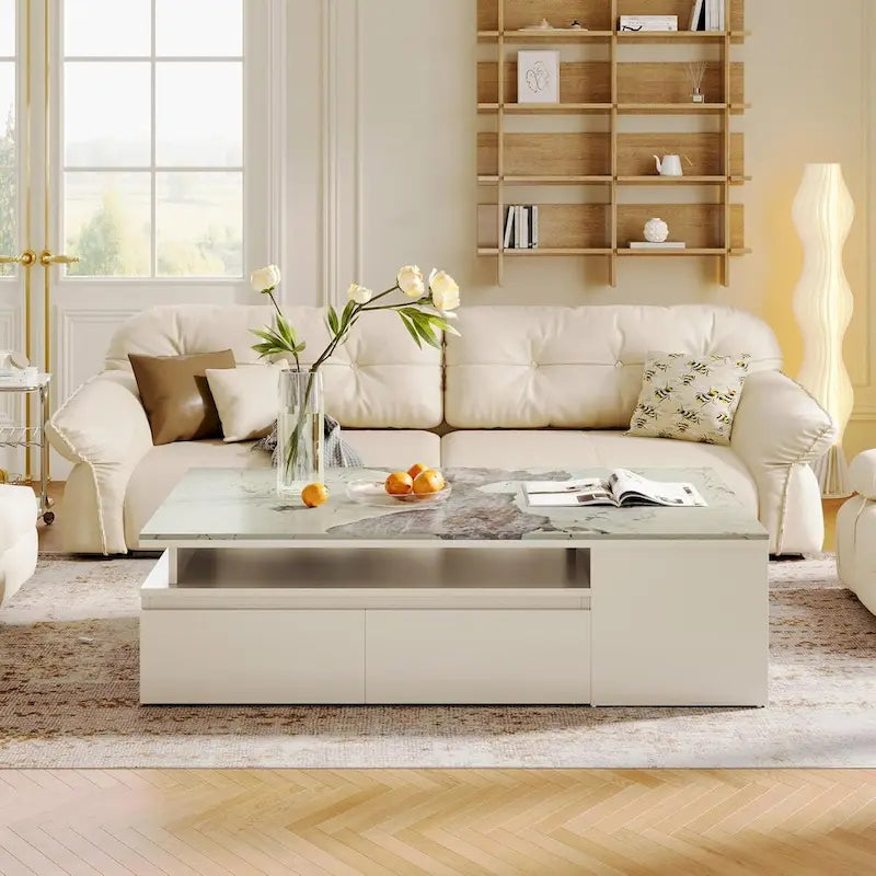 Modern Coffee Table with Extendable Tabletop and Drawers Shelves for Room