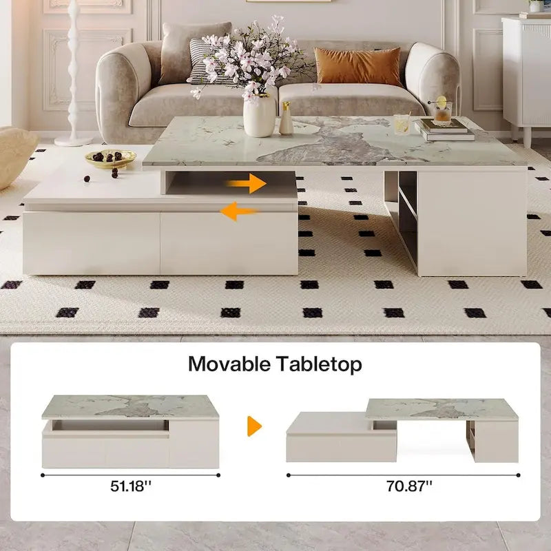 Modern Coffee Table with Extendable Tabletop and Drawers Shelves for Room