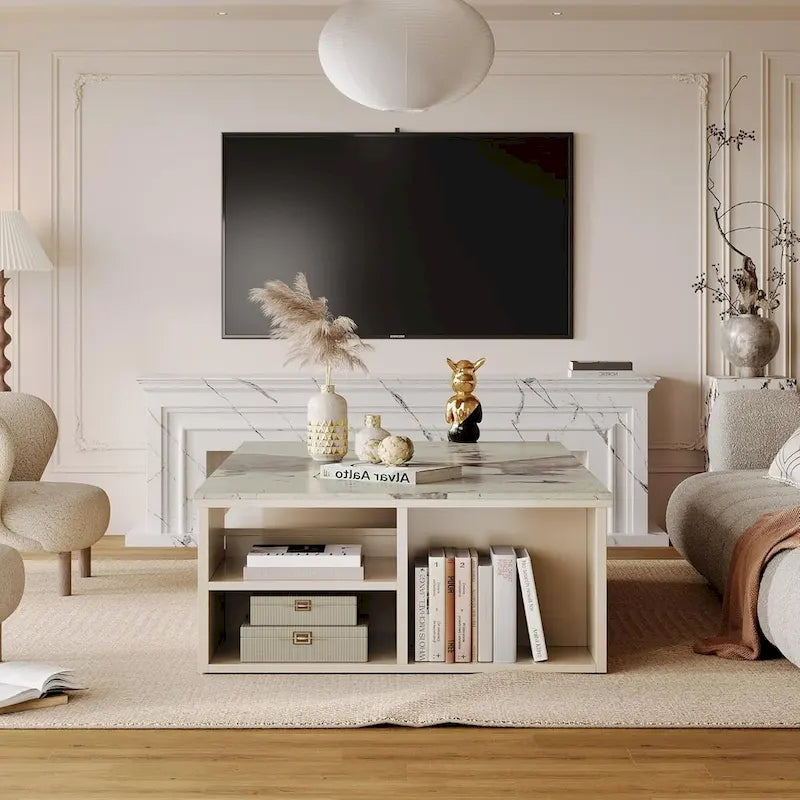 Modern Coffee Table with Extendable Tabletop and Drawers Shelves for Room