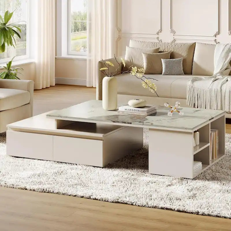 Modern Coffee Table with Extendable Tabletop and Drawers Shelves for Room