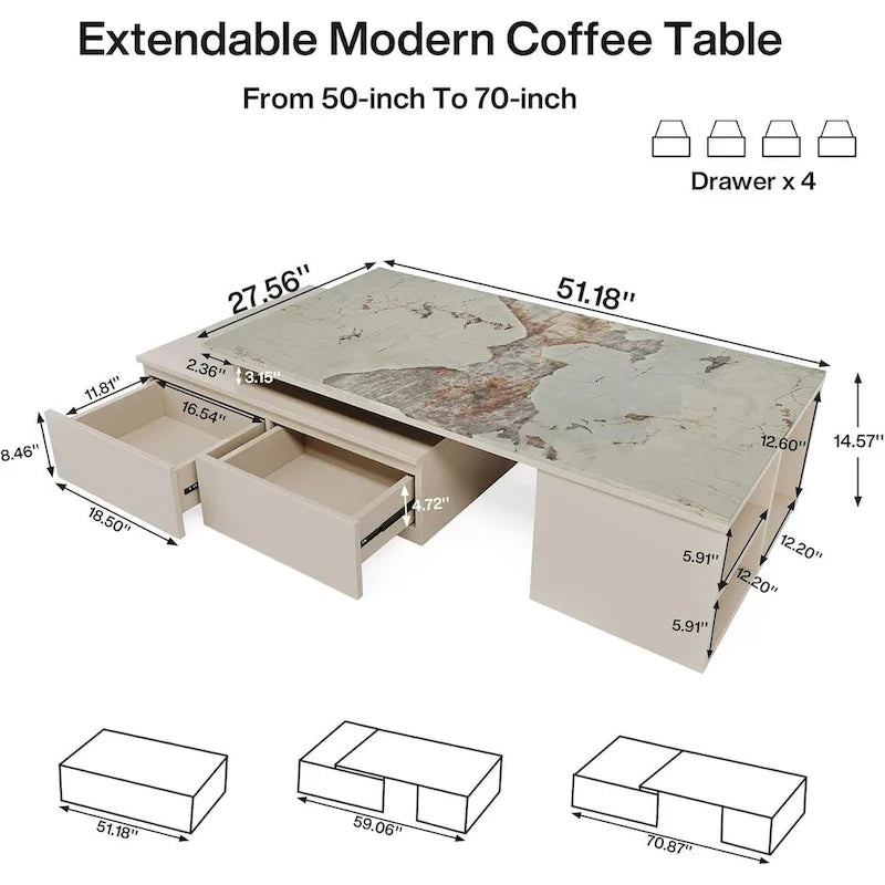 Modern Coffee Table with Extendable Tabletop and Drawers Shelves for Room
