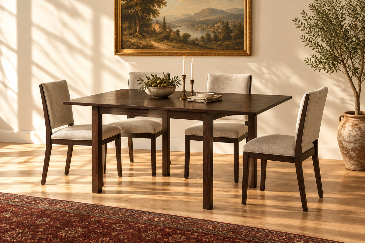 52 Inch Drop Leaf Dining Table, Block Legs, Dark Cappuccino Brown Wood