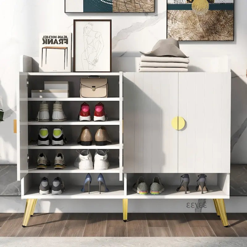 Wooden Modern Shoe Cabinet with Doors and Adjustable Shelves