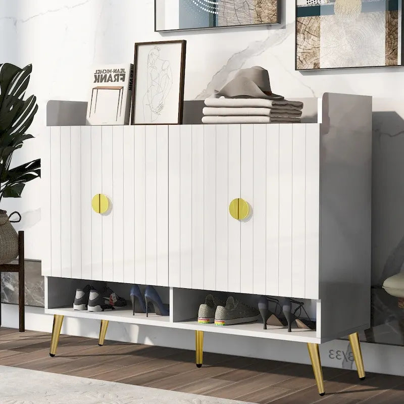 Wooden Modern Shoe Cabinet with Doors and Adjustable Shelves