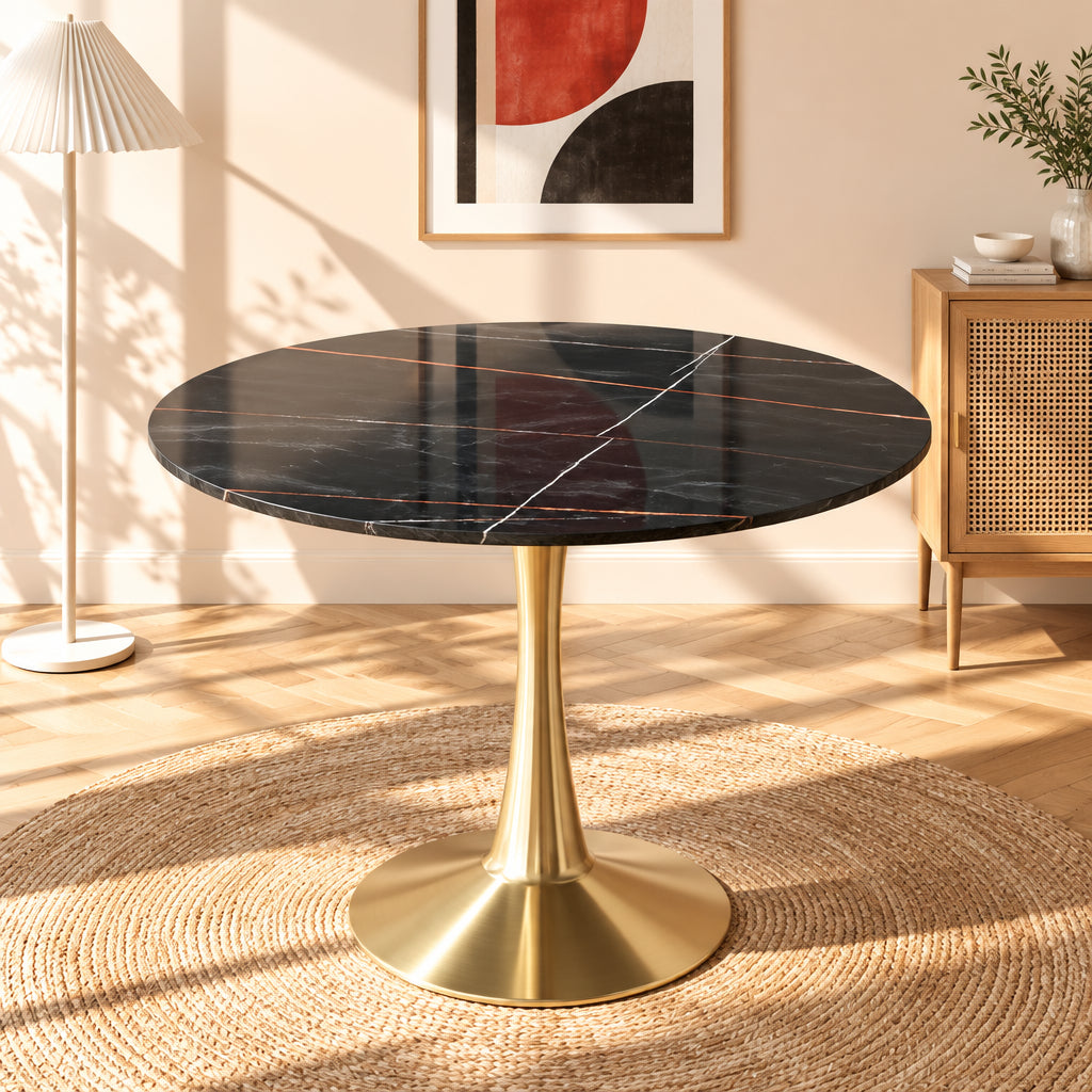 Bristol 31 Round Dining Table for 4 with Sintered Stone Tabletop in Gold Steel Base for Kitchen & Dining Room