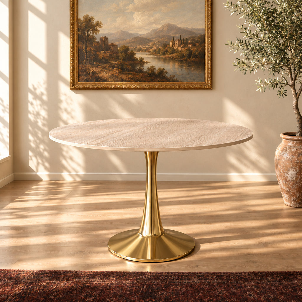 31 Round Dining Table for 4 with Sintered Stone Tabletop in Gold Steel Base for Kitchen & Dining Room