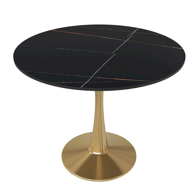 31 Round Dining Table for 4 with Sintered Stone Tabletop in Gold Steel Base for Kitchen & Dining Room